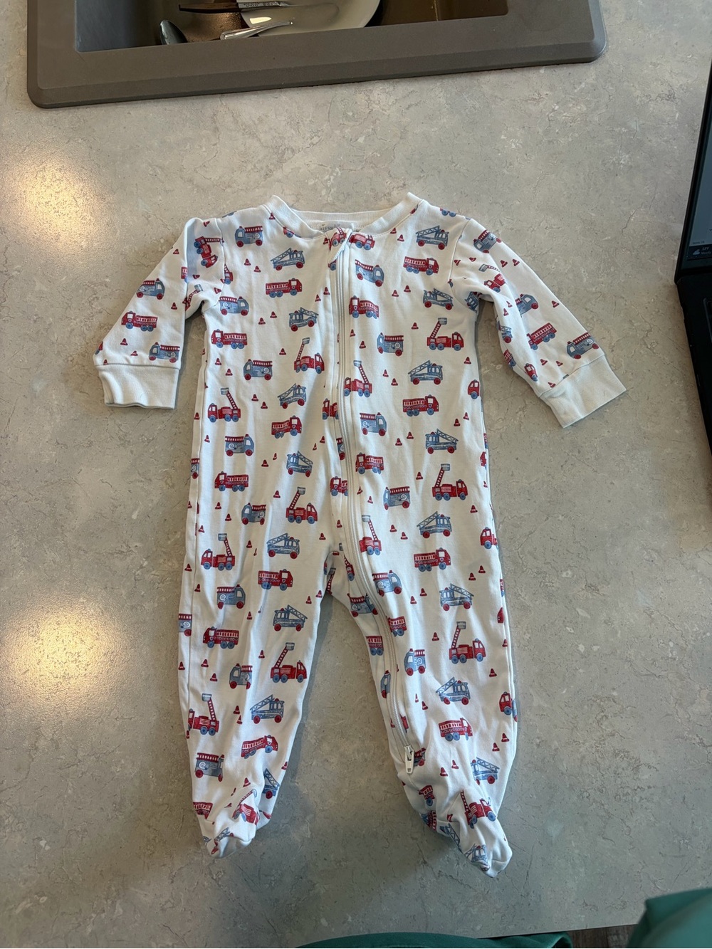 Kissy Kissy White Footed One-Piece with Red & Blue Firetruck Print